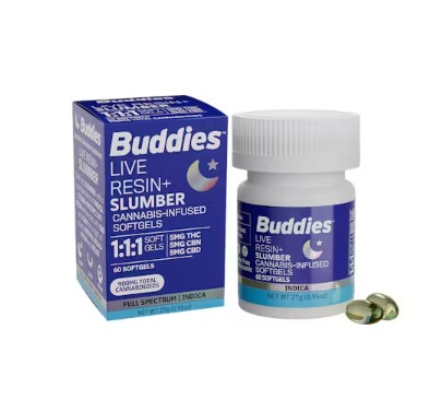 BUDDIES LIVE RESIN+ SOFTGELS | SLUMBER 1:1:1 THC/CBD/CBN | 60CT BOTTLE | 900MG | INDICA