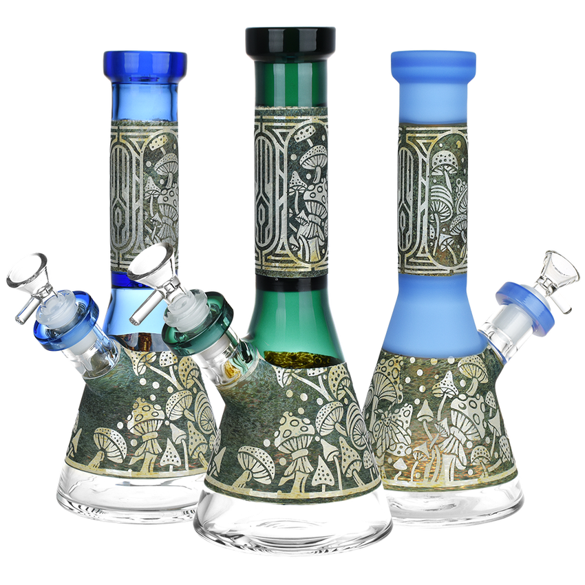 Mushroom Melange Etched Beaker Glass Water Pipe - 9"