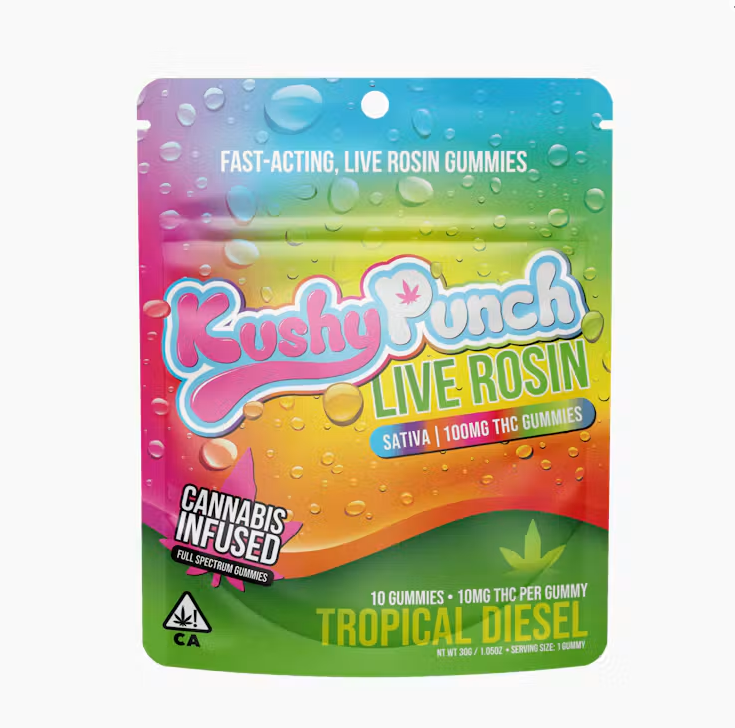 Kushy Punch: Tropical Diesel - Sativa Fast-Acting Live Rosin Gummies - 100mg THC - 10 Pieces