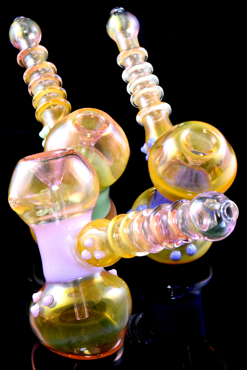 8" Large Gold Fumed Neon Glass Stand Up Hammer Bubbler