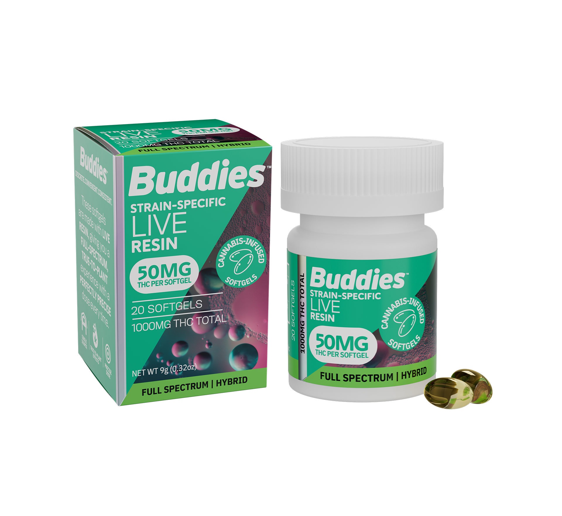 Buddies Brand: LIVE RESIN SOFTGELS - 50MG - 20CT - HYBRID- BUDDIES