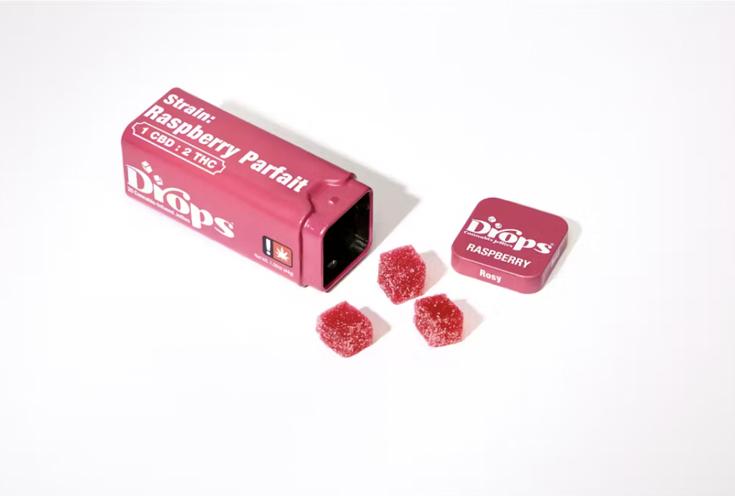 Drops: Raspberry - Sativa 1:2 CBD:THC Live Rosin Gummies - 100mg THC - 20 Pieces