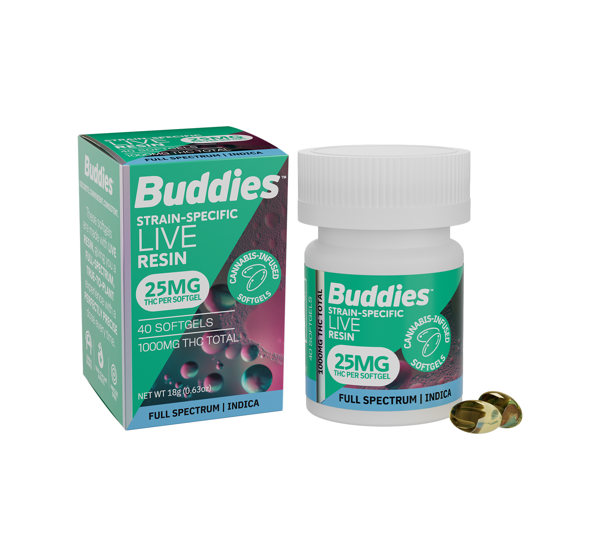 Buddies Brand: LIVE RESIN SOFTGELS - 25MG - 40CT - INDICA - BUDDIES